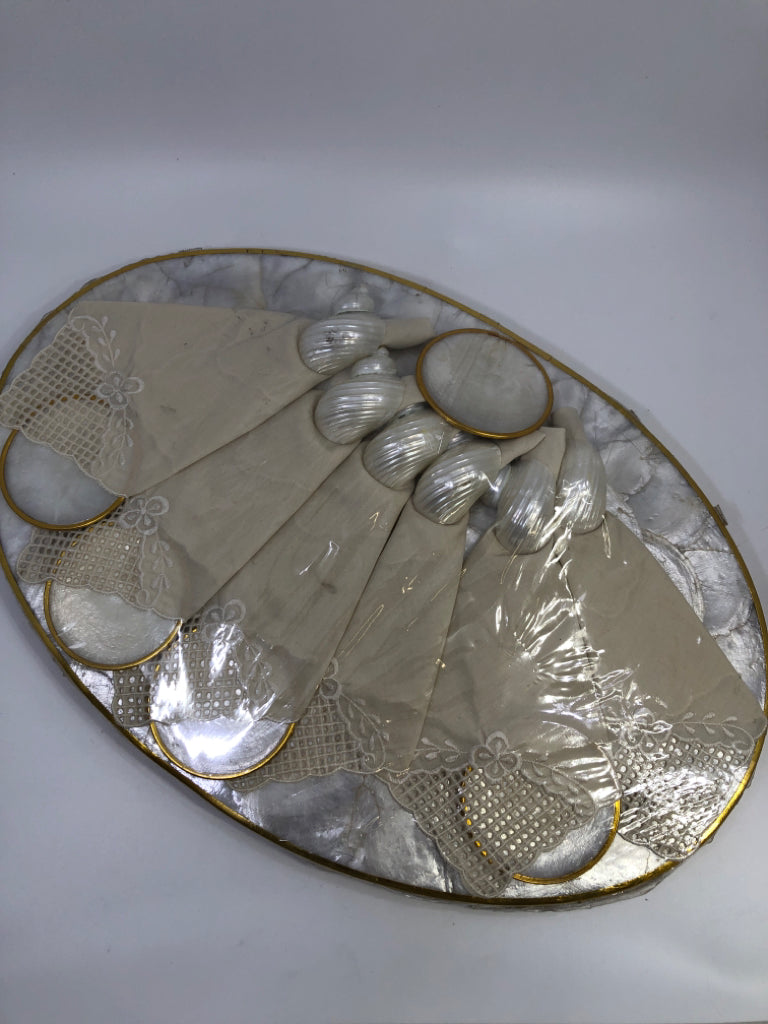 PEARLESCENT SEASHELL 6 PLACEMAT NAPKIN COASTER SET W/GOLD.