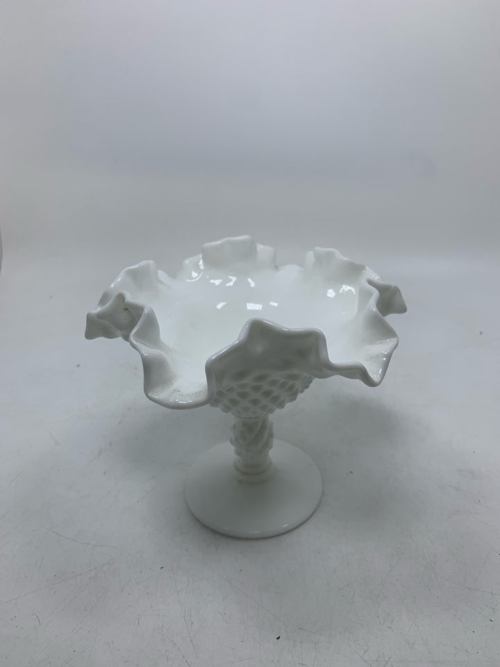 VTG HOBNAIL MILK GLASS PEDESTAL BOWL W/ RUFFLED EDGE.
