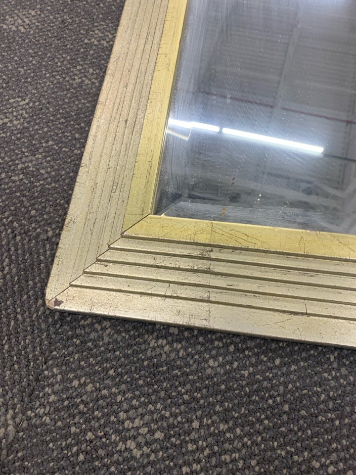 LARGE HEAVY SQUARE MIRROR W/ TEXTURED GOLD FRAME.