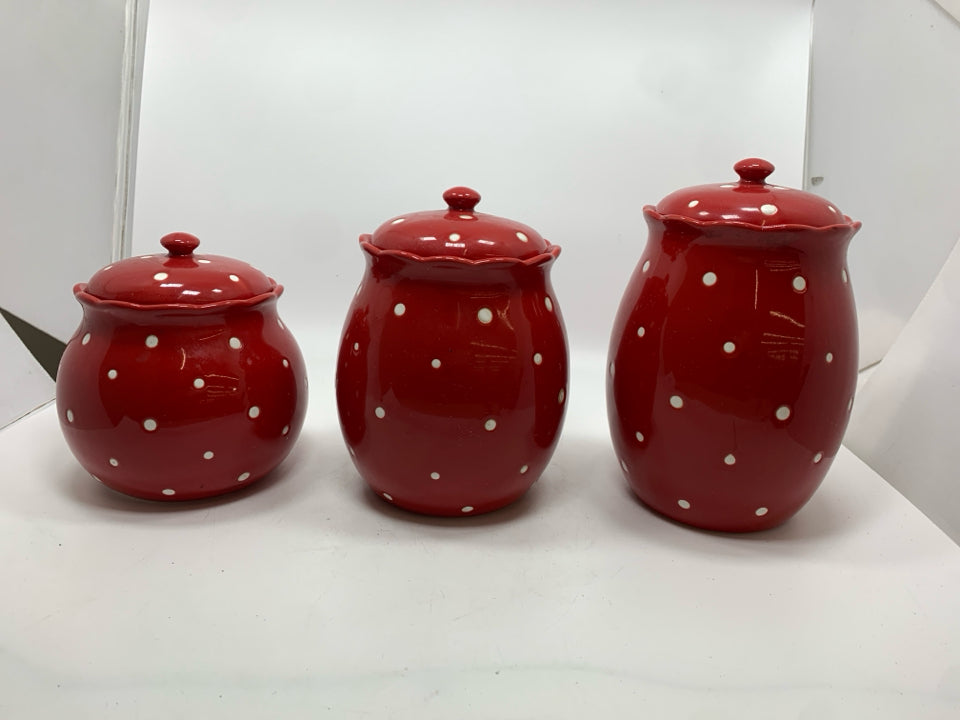 3PC RED POLKA DOT CANISTERS.