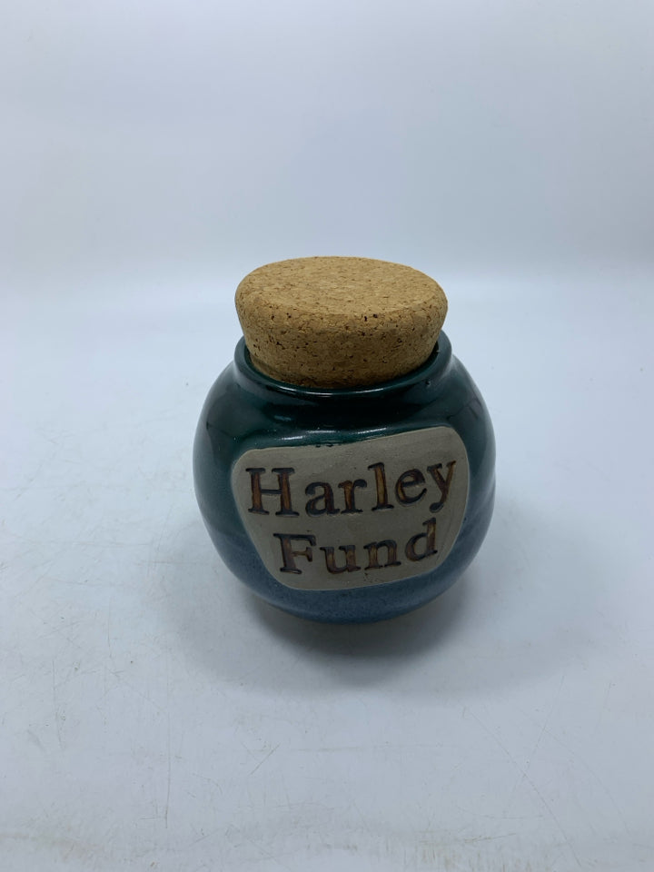 POTTERY HARLEY FUND JAR GREEN/BLUE.