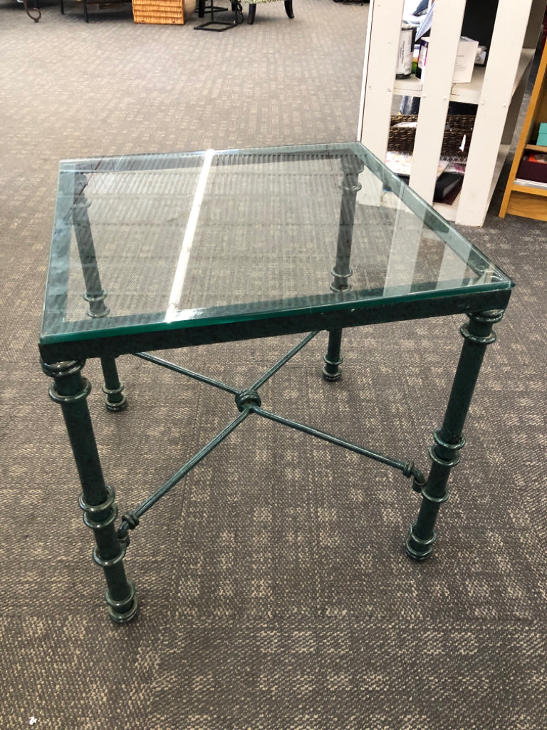GLASS TOP GREEN METAL SIDE TABLE.