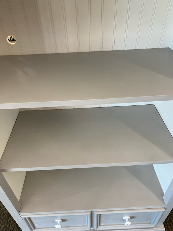 3-SHELF GRAY & WHITE CABINET W/SCALLOP TOP & 2 DRAWERS.