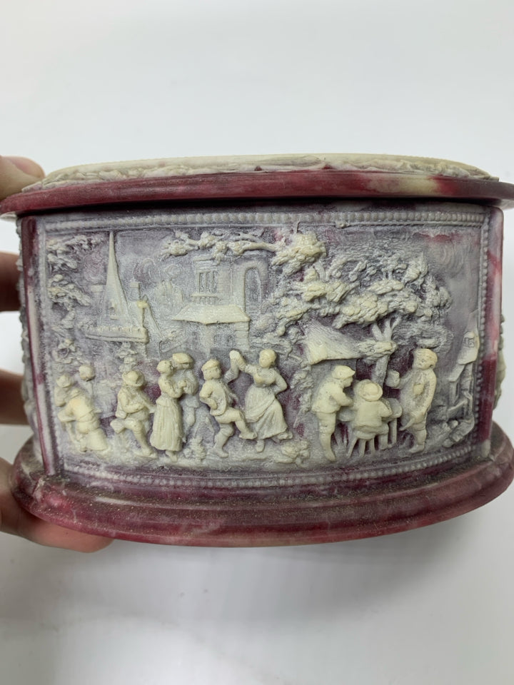 VTG INCOLAY STONE OVAL LARGE TRINKET BOX W/ CARVED VILLAGE LIFE SCENE.