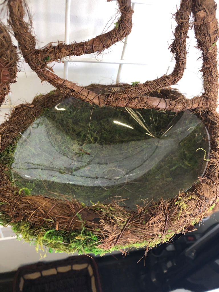 MOSS BIRD SHAPED HANGING PLANTER W/ PLASTIC INSERT.