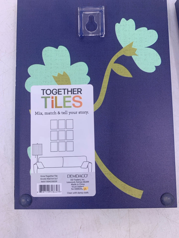 2 THICK RESIN TOGETHER TILES DARK BLUE W/ FLOWERS + BUTTERFLIES.