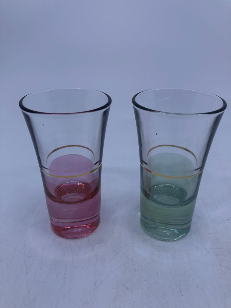 4 SHOT GLASSES GREEN/PINK W GOLD STRIPE.