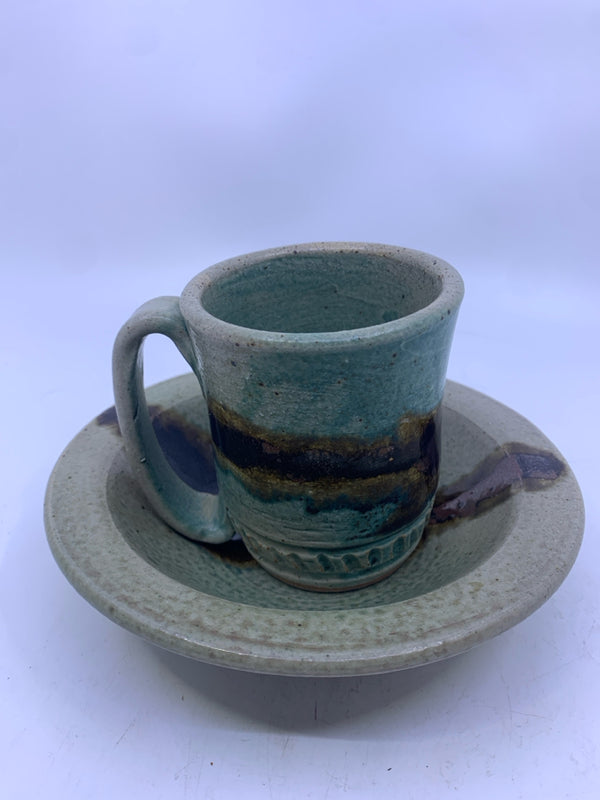 2 PC GREEN & BROWN POTTERY BOWL AND CUP.