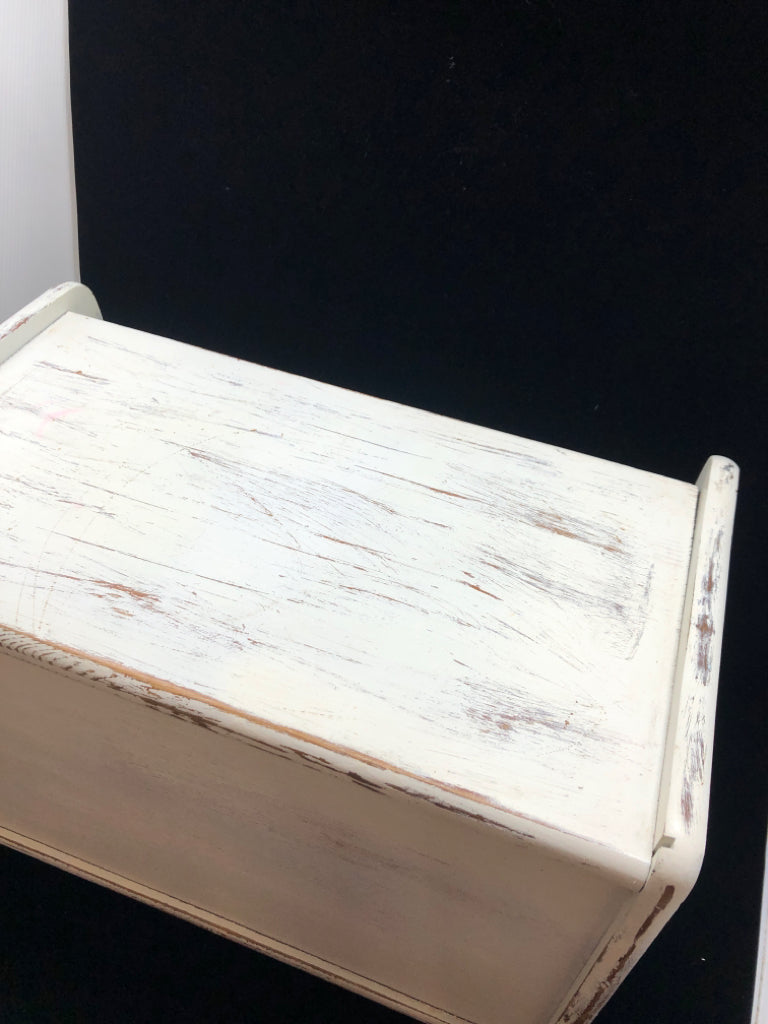 DISTRESSED WHITE BREAD BOX.