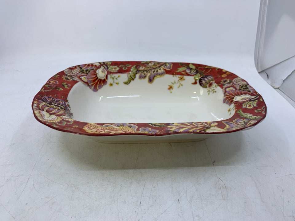 RECTANGLE DARK RED FLORAL EDGE SERVING BOWL.