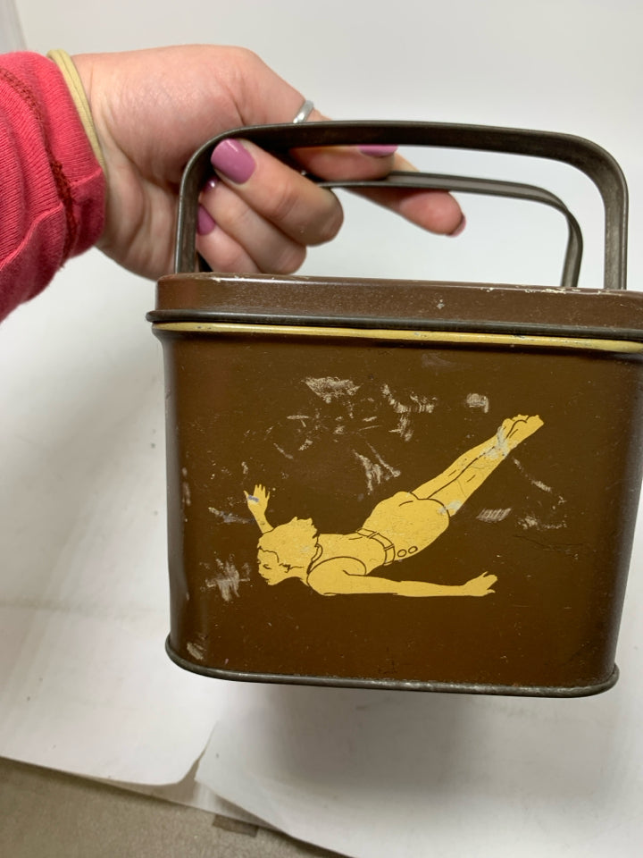 VTG BROWN METAL WOMAN PLAYING SPORTS SEWING BOX DECOWARE.