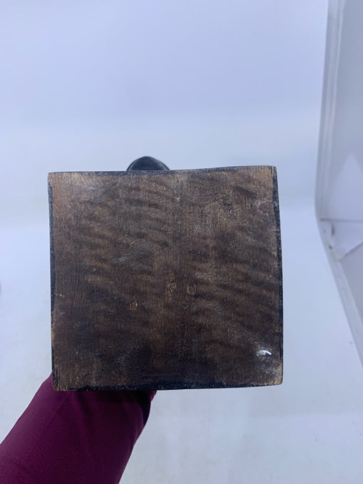 LARGE BLACK CARVED WOOD HEAD W/ METAL EARRINGS FOLK ART.