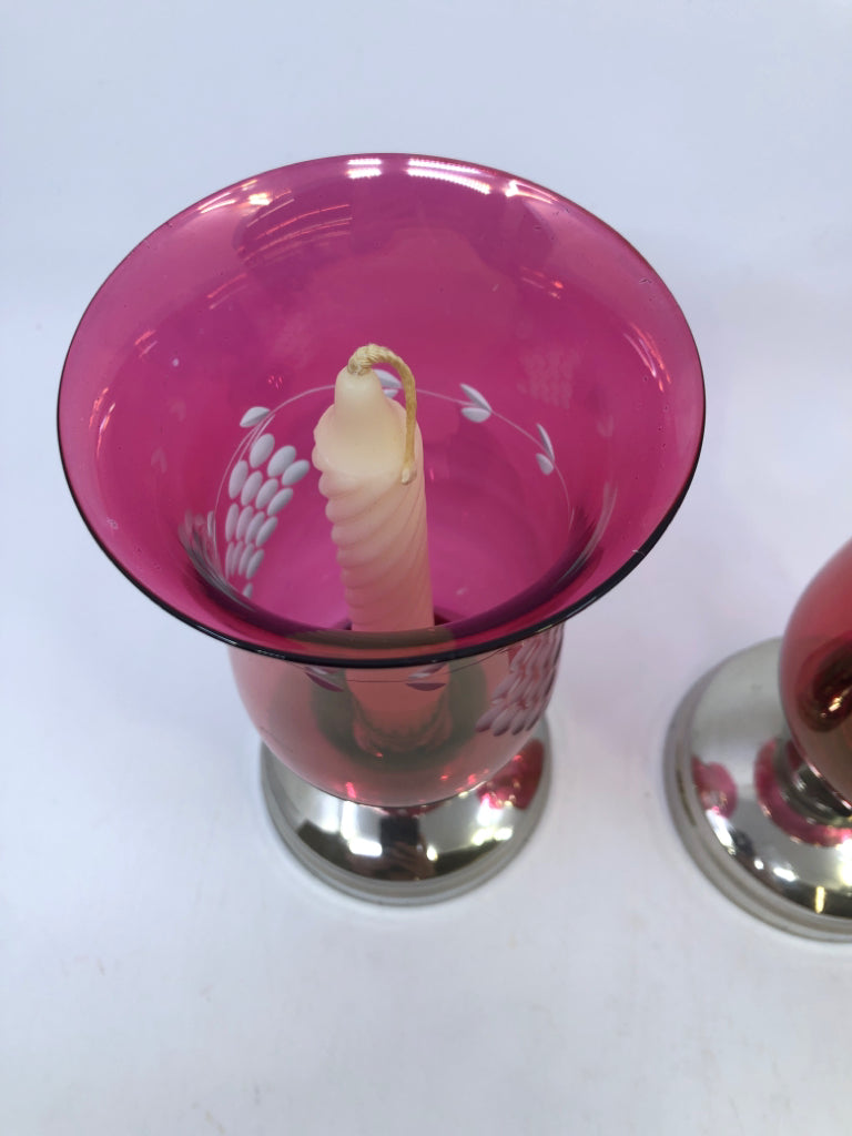 2PC PINK GLASS W/EMBOSSED GRAPES TAPER HOLDERS.