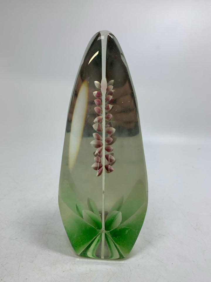 ETCHED PINK FLOWER TALL GLASS FIGURINE.