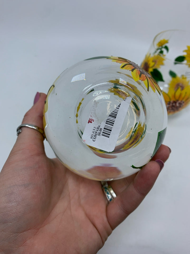 2 STEMLESS SUNFLOWER PAINTED GLASSES.
