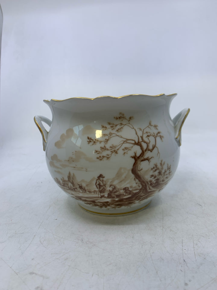 VTG GERMAN WHITE W/ FARM SCENE GOLD EDGES.