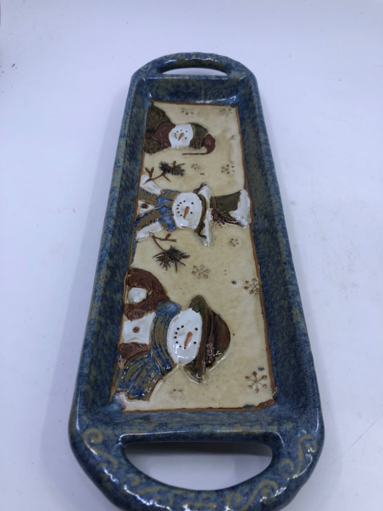 POTTERY SNOWMAN RECTANGLE TRAY W HANDLES.