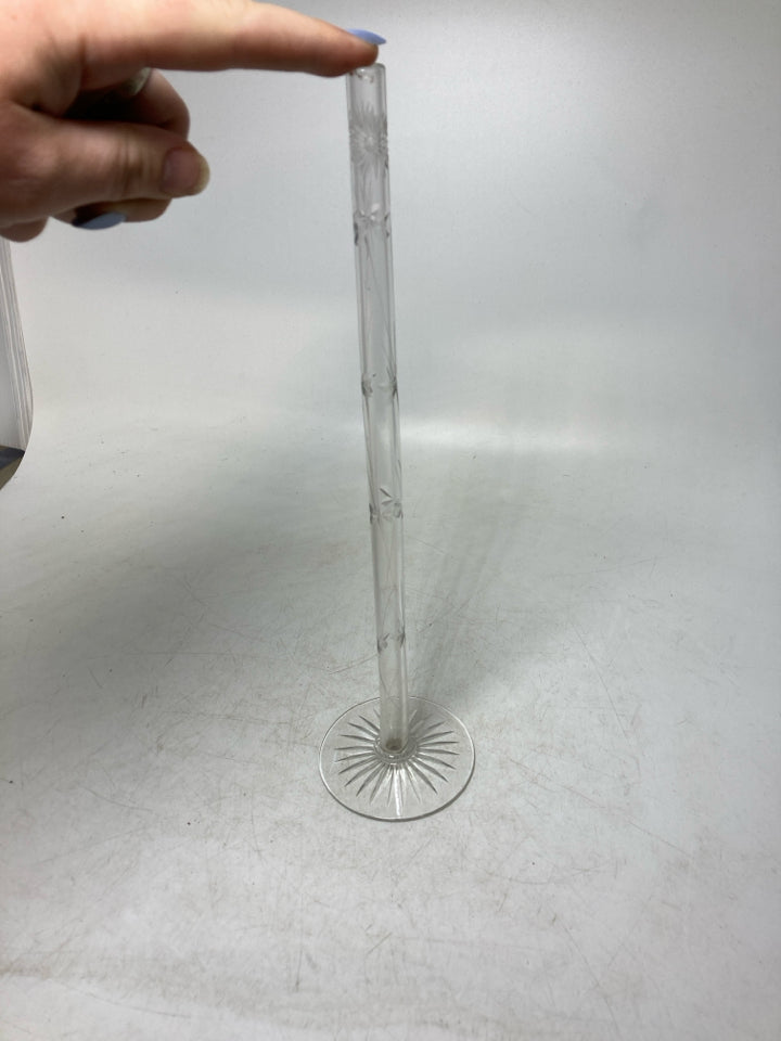VTG FOOTED ETCHED CLEAR SUPER SKINNY VASE.