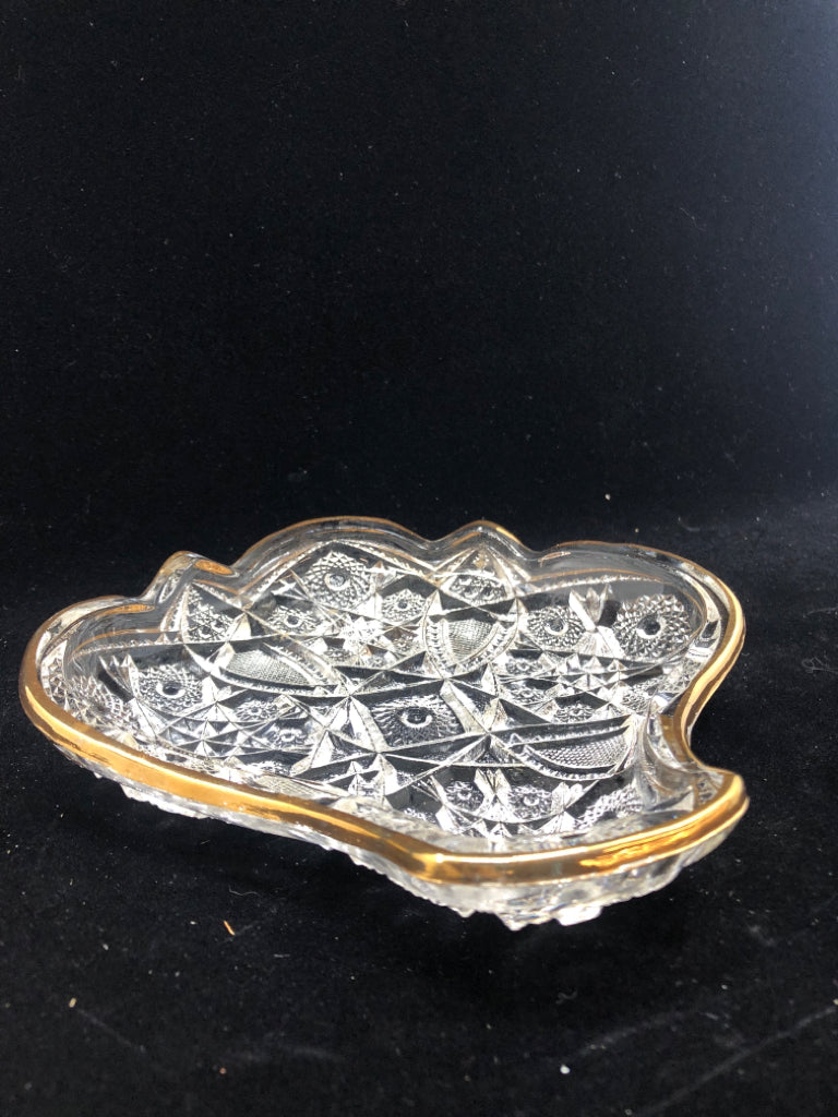 CUT GLASS SHELL SHAPED DISH W/GOLD RIM.