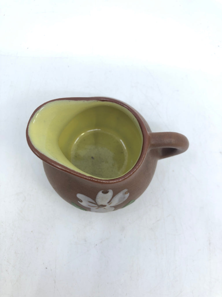 VTG BROWN SMALL POTTERY SUGAR AND CREAMER W WHITE FLORAL.