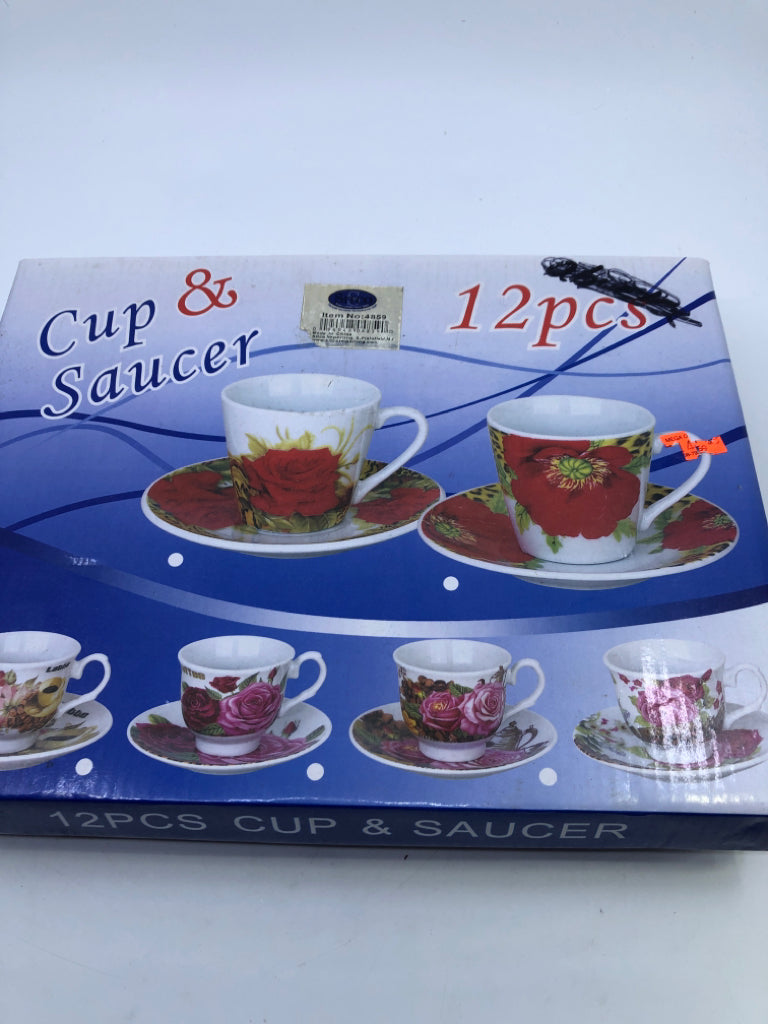 NIB 6 FLORAL CUP AND SAUCER SET.
