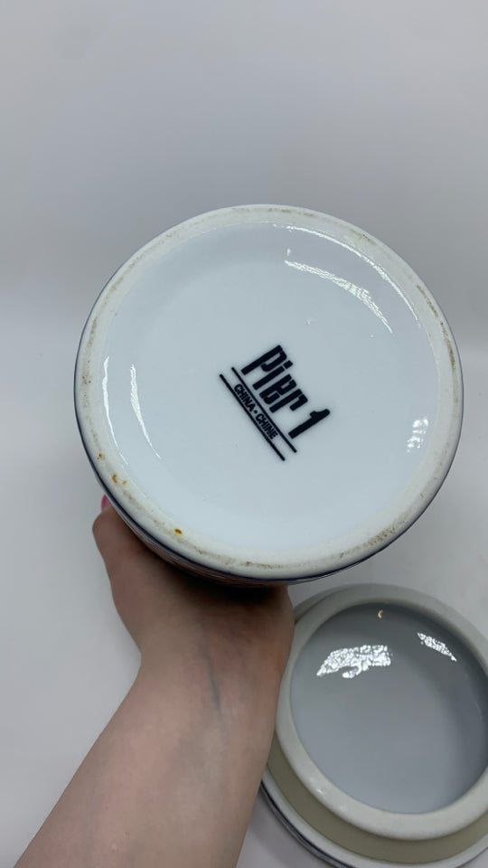 CERAMIC CANISTER W/BLUE FLORALS.