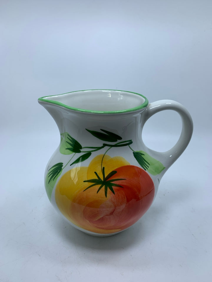 PITCHER W/ LARGE PAINTED TOMATO GREEN EDGE.