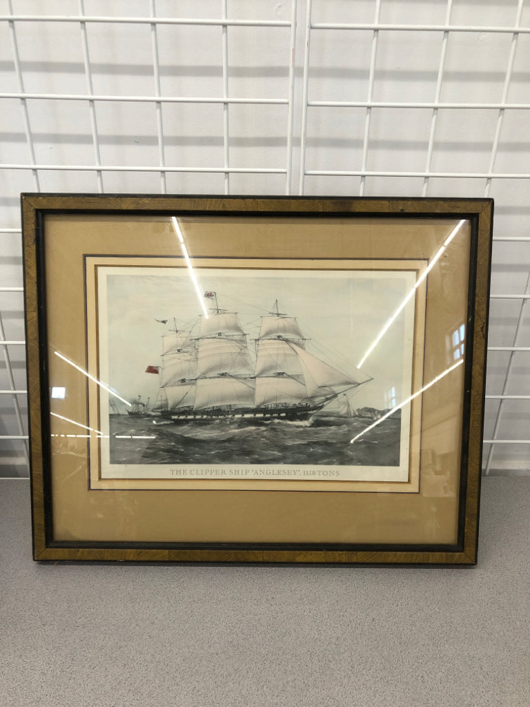 THE CLIPPER SHIP PRINT IN BROWN WOOD FRAME.
