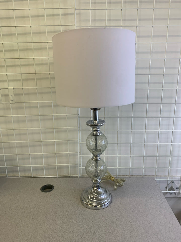 SILVER/GLASS BALL BASE LAMP W/WHITE SHADE.