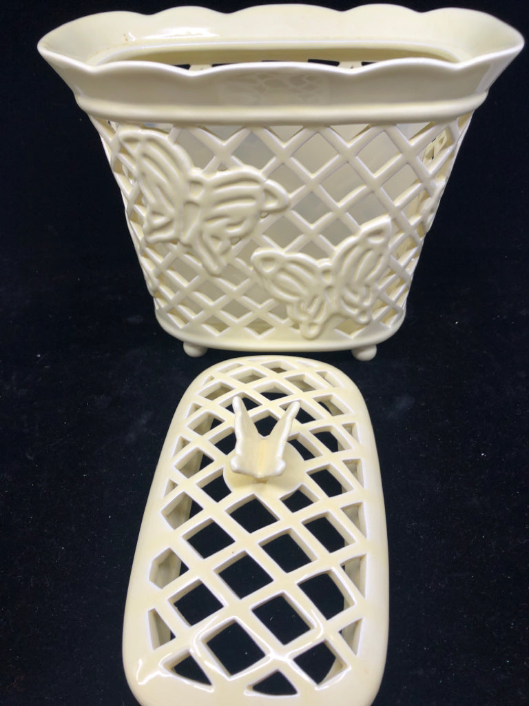YELLOW LACE PATTERN W BUTTERFLIES CANISTER W INSERT AND LID.