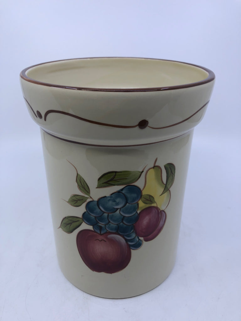 YELLOW FRUIT PAINTED UTENSIL CROCK.