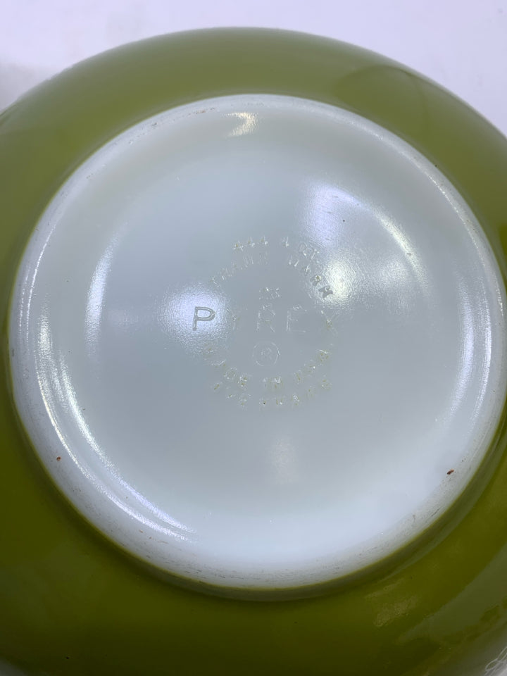 3 VTG GREEN/WHITE CINDERELLA HANDLES BOWLS.