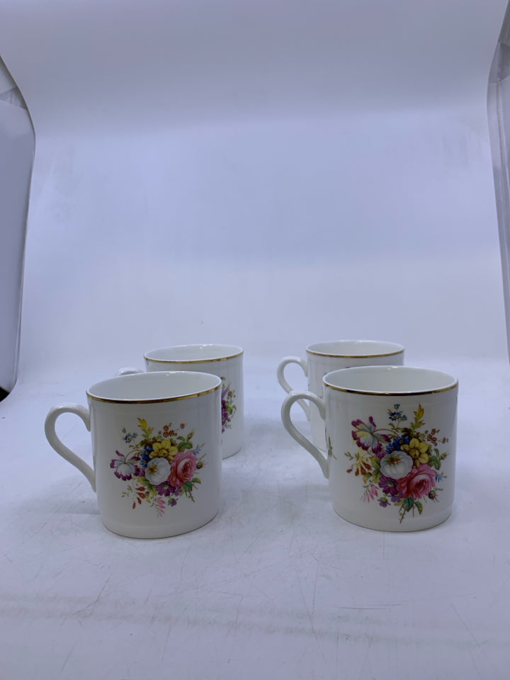 4 VTG WHITE W/ GOLD DETAILS MUGS.