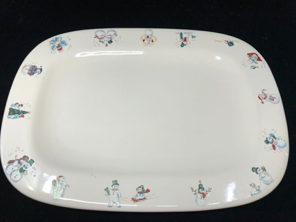 WHITE RECTANGLE GLITTER SNOWMAN SERVING PLATTER.