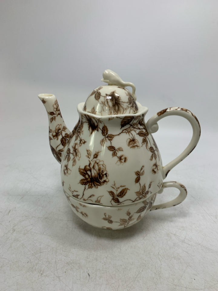 BROWN FLOWERS 2-1 TEACUP/TEAPOT.