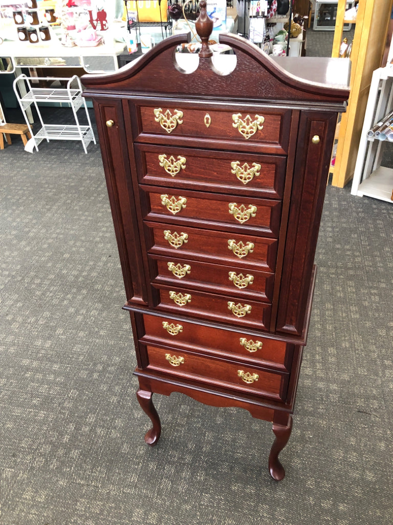 DARK WOOD JEWELRY ARMOIRE.