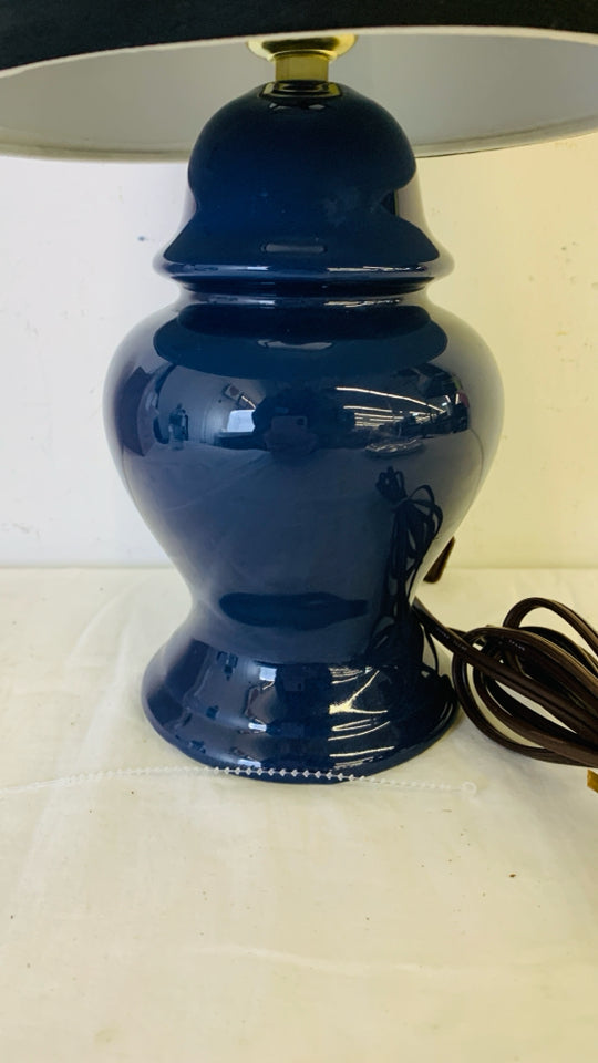 DARK BLUE CERAMIC BASE LAMP W BLACK SHADE.