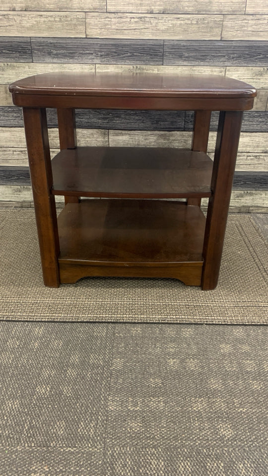 3 TIER DARK WOODEN END TABLE.