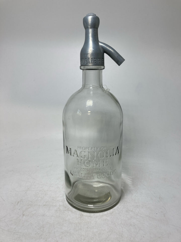 LARGE GLASS SOAP DISPENSER W/ METAL TOP.