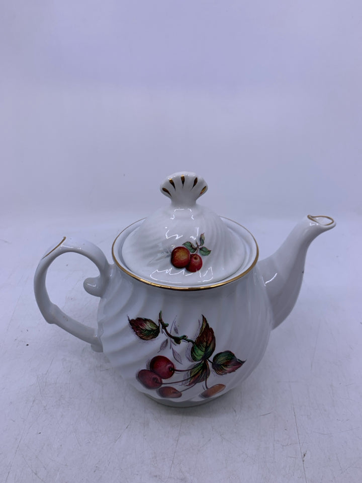 WHITE W/ PRINTED CHERRIES GOLD DETAILS MADE IN ENGLAND.