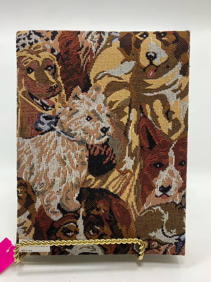 FABRIC PHOTO ALBUM W/SEWN DOG THEMED COVER.