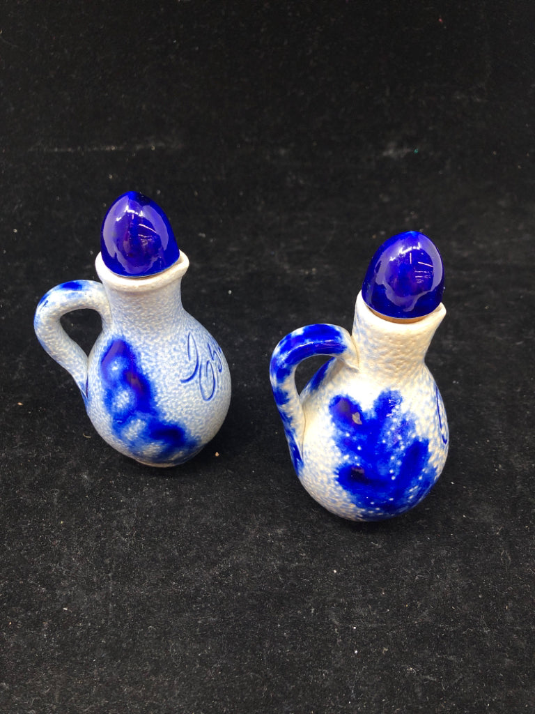 OIL + VINEGAR BLUE CERAMIC TEXTURED BOTTLES.