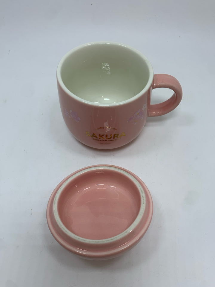 SAKURA PINK CAT MUG W/LID.