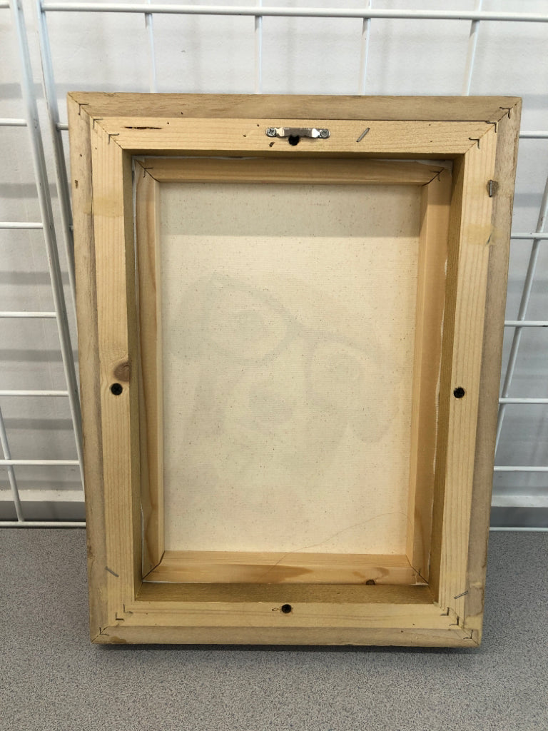 DOG WEARING GLASSES CANVAS IN WOOD FRAME.