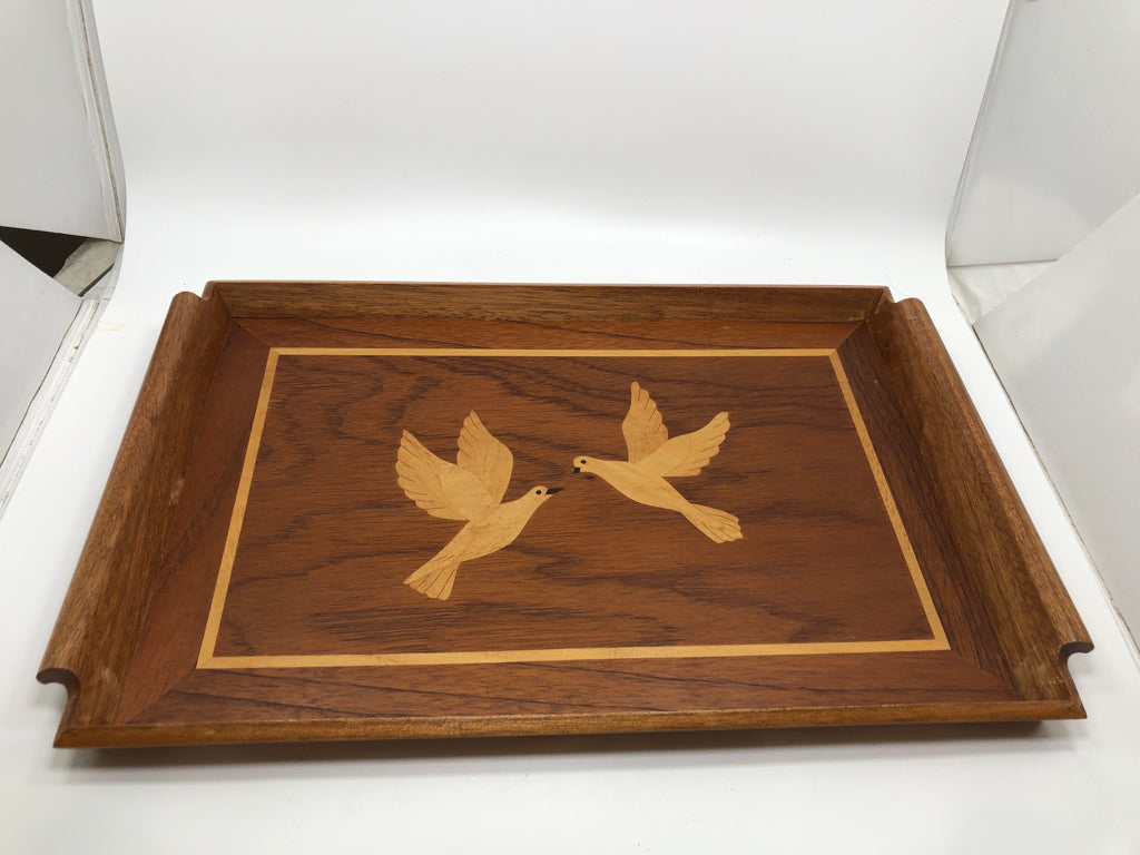 VTG-STYLE BIRD INLAID WOODEN TRAY.