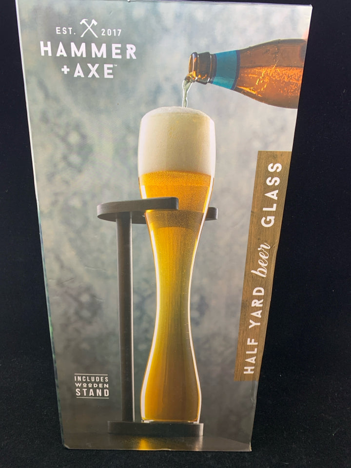 NIB HALF YARD BEER GLASS W/WOODEN STAND.