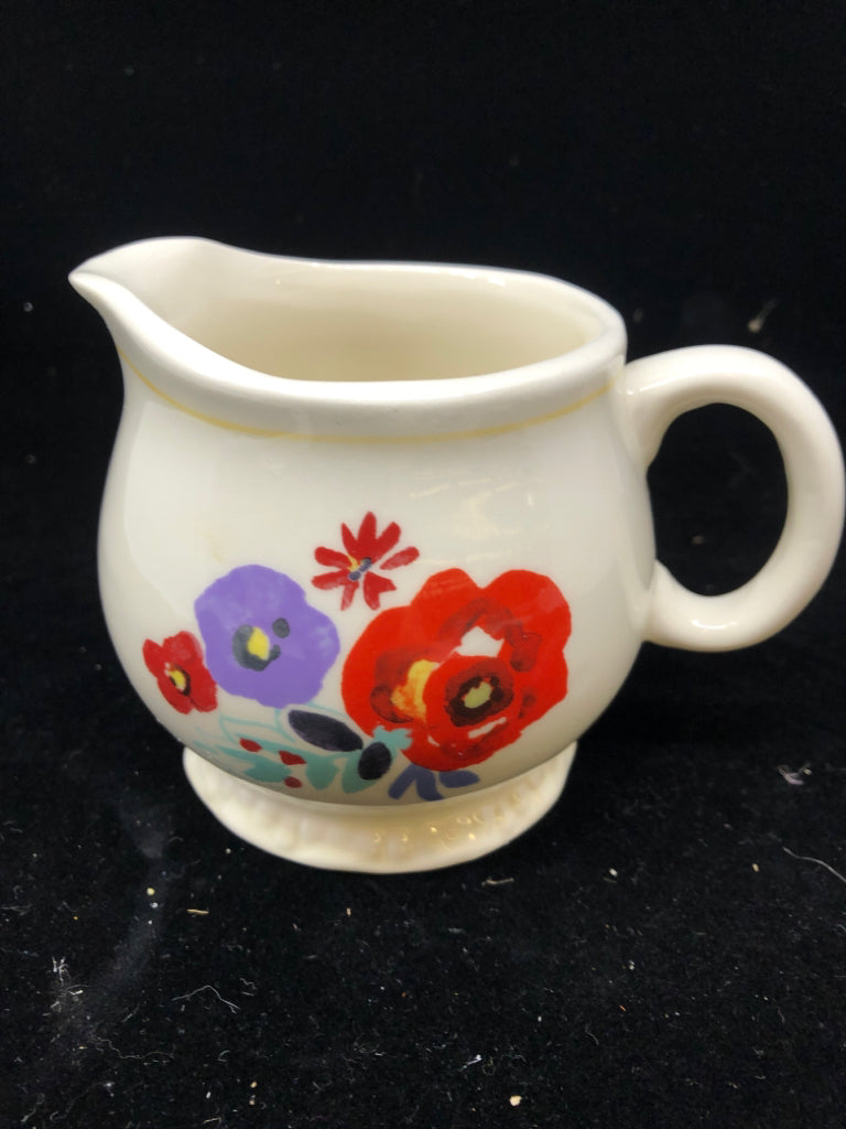 2 PC WHITE W/ RED/PURPLE FLOWERS SUG/CREAMER SET.