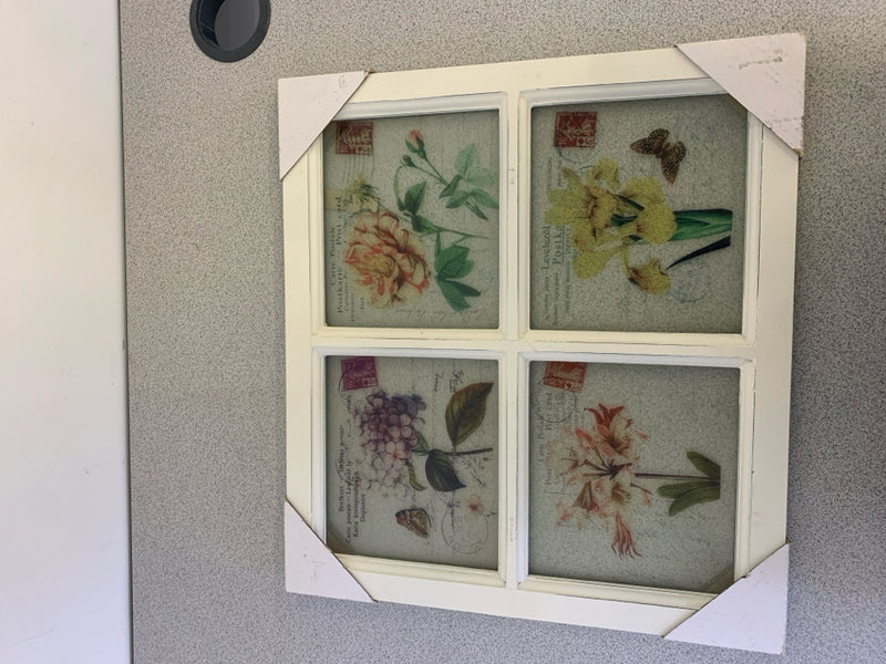 NEW WINDOW PANE W/ FLOWERS & SCRIPT ON GLASS WALL ART.