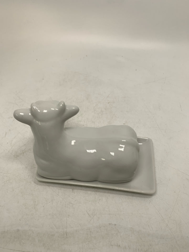 WHITE CERAMIC COW BUTTER DISH.