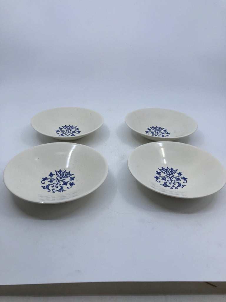 4 VTG SMALL WHITE BOWLS W BLUE FLORAL DETAIL.